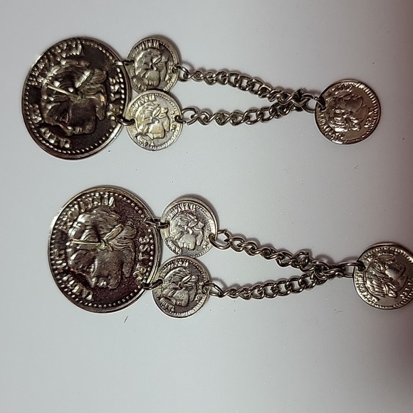 Alexandria the Great 327 BC faux coin dangle pierced earrings 3"x 1'  silvertone - Picture 3 of 3